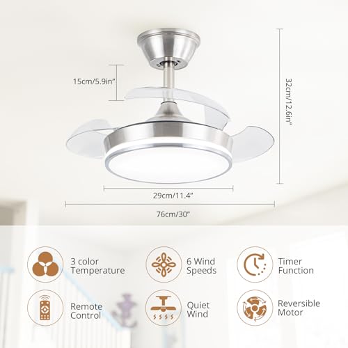 30-Inch Retractable Ceiling Fan with Lights - Brushed Nickel, Dimmable LED, Remote Control, 6 Speeds