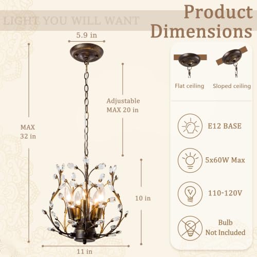 Vintage 5 Light Crystal Chandelier D11.1 - Aged Bronze Tree Branch Design, Adjustable Length, WillWant
