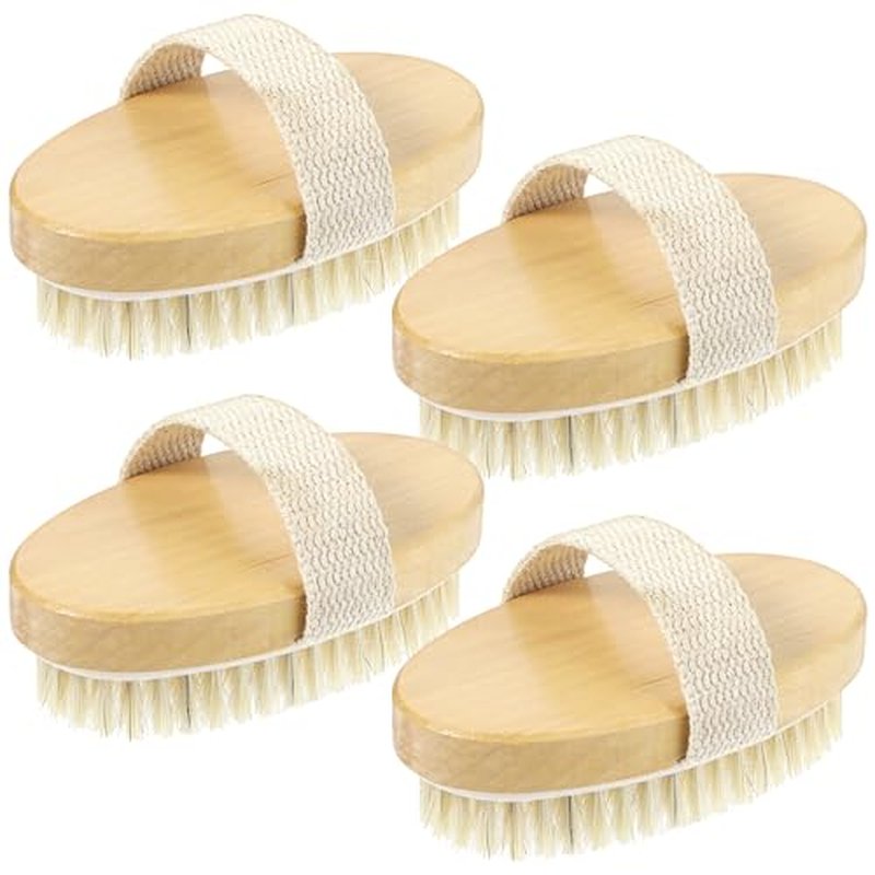 4pcs Dry Brushing Body Brush, Natural Bristle Dry Skin Exfoliating Brush Body Scrub for Flawless Skin, Cellulite Treatment, Lymphatic Drainage and Blood Circulation Improvement