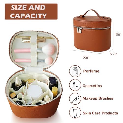 Makeup Case, Large Capacity Leather Makeup Bag with Removable Washable Compartment, Portable Waterproof Leather Cosmetic Case, Multi-functional Travel Organizer, Brown