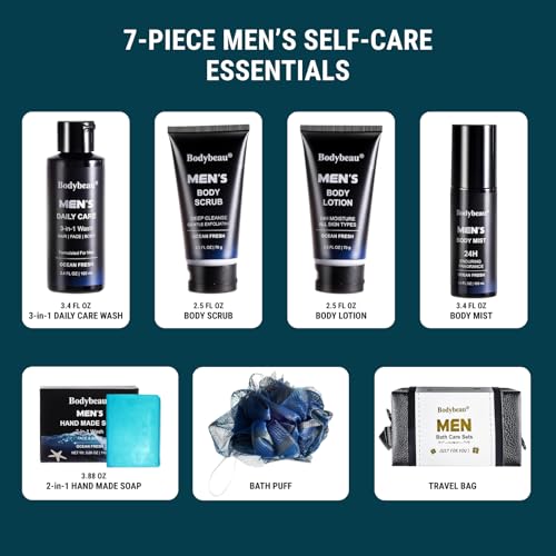 Men’s Bath & Body Gift Set with 7 Items - Shower Gel, Scrub, Lotion, Mist, Soap, Puff & Travel Bag