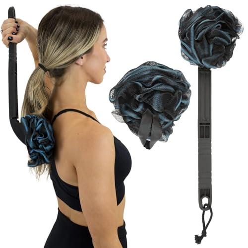 Vive Interchangeable Long Handled Loofah on a Stick - Black Mesh Back Sponge, Reusable