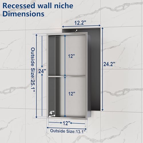Brushed Stainless Steel 2-Tier Shower Niche 12x24 Inches - Easy Install