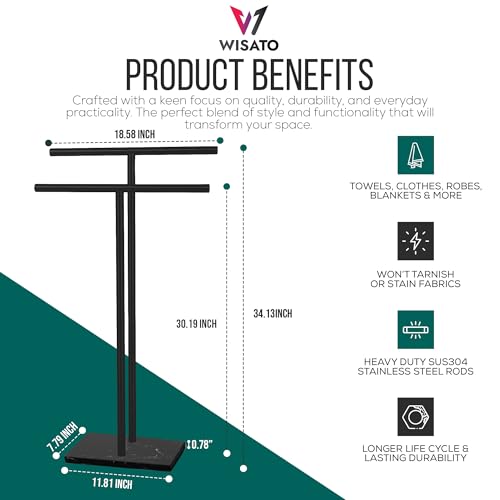 Matte Black Freestanding Towel Rack with Marble Base - Modern Bathroom Organizer