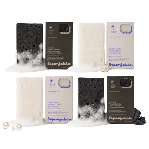 Pearl and Charcoal Soap Sponges - Reusable Shower Scrubbers for Face, Body & Feet - Fresh Scent (4-Pack)