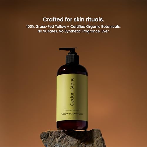 Cedar + Stone Clean Body Wash with Grass-Fed Tallow ? Sulfate-Free Natural Body Wash for Dry, Sensitive Skin ? Eucalyptus & Mint with USDA Organic Oils, 16oz