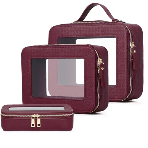 Pinkmik Burgundy B5 Slim Clear Makeup Bag Set – 3 Piece, TSA-Friendly