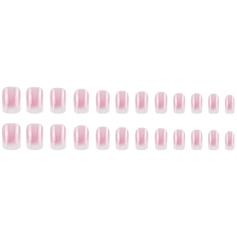 Press on Nails Kit Medium Square Ombre Nude Pink White Fake Glue ons Nails Set with Design Full Cover Artificial False Stick on Acrylic Nail for Women 24PCS