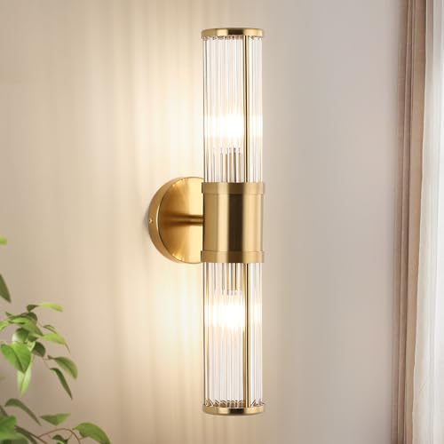 ECOBRT Brushed Brass Vanity Light Fixture 19.69 Inch Dual Glass Rod Wall Sconce