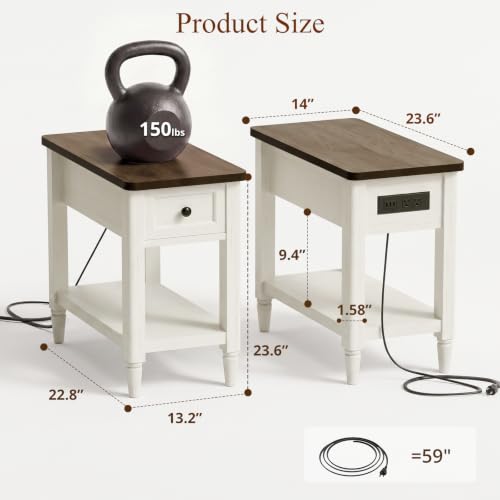 Narrow Rustic White Side Table with Charging Station - Cracked Oak Variation, 14" Wide