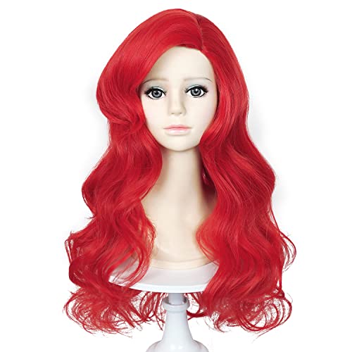 Bright Red Kids Mermaid Wig with Starfish Hair Clips - 21 Inch Curly Costume Wig for Girls