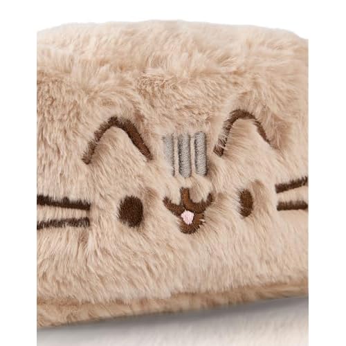 Pusheen Womens Fluffy Makeup Bag | Ladies All Over Fur with Embroidered Logo in Tan | Classic Logo Zip Cosmetic Storage Bag