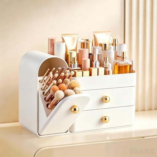 HBlife All White Large Makeup Organizer with Drawers & Brush Holder