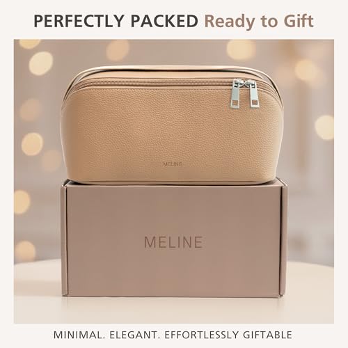 MELINE Travel Makeup Bag ? Large Capacity Cosmetic and Toiletry Organizer with Divider and Handle, Waterproof Flat-Open Design, Portable Pouch for Women (Taupe)