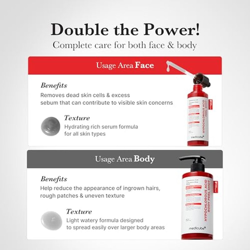 medicube Hypochlorous Acid Peel Shot Duo for Face & Body: Hypochlorous Acid Facial & Body Peel Shot | Exfoliating Serum Set with Rice Extract, Panthenol | Hydrating, Calming & Texture Refining Care