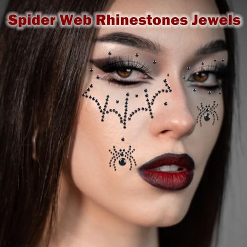 NOOEPC 3D Spider Web Face Gems, Halloween Makeup Face Jewels for Women, Hair Gems Clear Face Rhinestones, Halloween Makeup for Women Face Stickers Spider Costume
