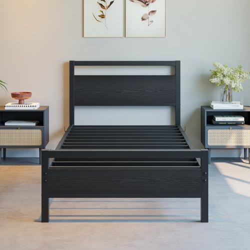 Black Twin Bed Frame with Wooden Headboard, Metal Platform, No Box Spring Needed