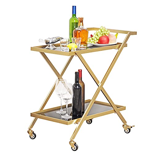 Crofy Gold Finish Bar Cart on Wheels with Tempered Glass Shelves - 2-Tier Mobile Serving Cart for Home & Bar