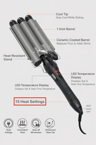 Gray 1-Inch Hair Crimper with 15 Heat Settings & Dual Voltage - Effortless Beach Waves