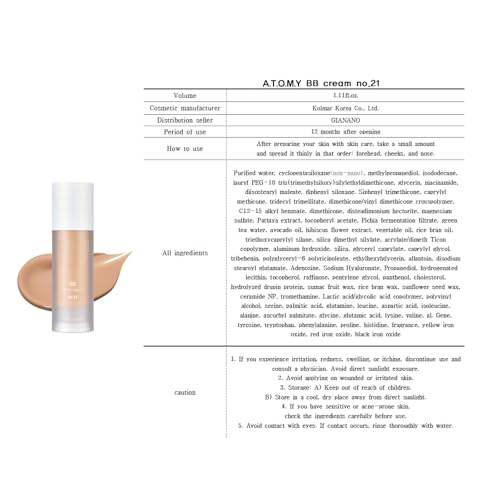 Moist formula & natural skin tone up BB, For A.T.O.M.Y B.B cream, 1.11fl.oz.(No. 21, bright beige)