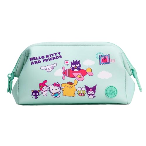 Impressions Vanity Hello Kitty and Friends Vacay Cosmetic Pouch for Women, Vacation Print Artwork Travel Makeup Bag Organizer with 2 Inner Pocket, Metal Zipper Faux Leather Handheld Purse (MInt)