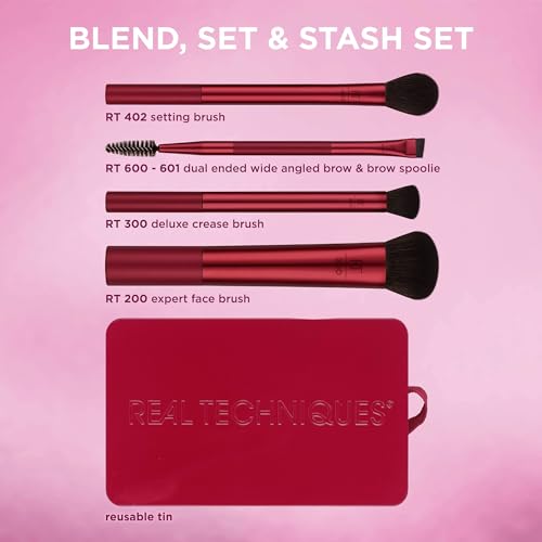 Real Techniques Blend, Set + Stash 5 Piece Holiday Makeup Brush Set with Storage Tin, Face & Eye Brushes for Foundation, Powder, Brows & Eyeshadow, Gift for Her, Cruelty-Free & Vegan