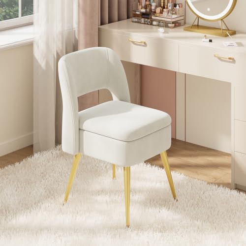 MALOL Beige Vanity Chair with Storage & Open Back, Adjustable Gold Metal Legs