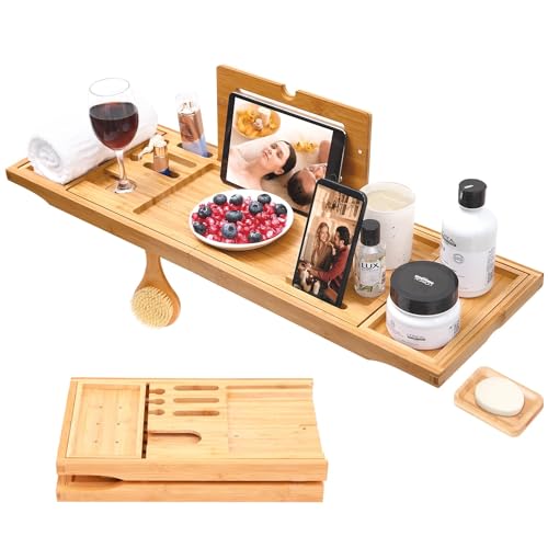 Bathtub Tray Ohuhu Premium Bamboo Bathtub Caddy Tray Expandable Foldable Bath Tray with Anti-Slip Grips Soap Wine Phone Holder Mothers Day