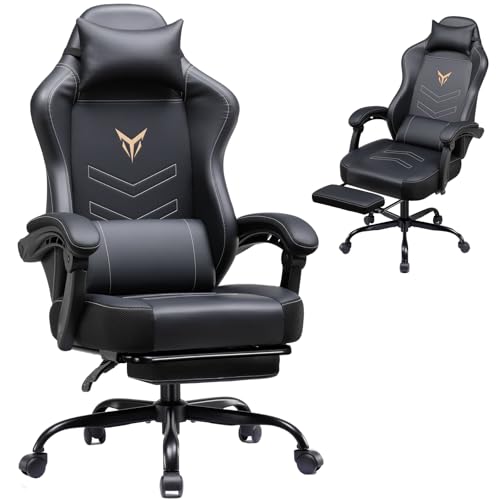 GTPLAYER Gaming Chair with Footrest - High Back Leather Office Chair for Adults, Adjustable Headrest & Lumbar Support, Black, Variation: With Pedals