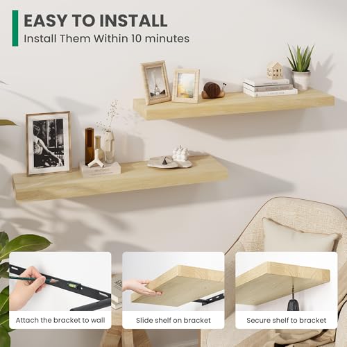 Marsmiles Natural Finish 36-inch Wall Floating Shelves Set of 2, Rustic Wall Storage with Heavy-Duty Brackets