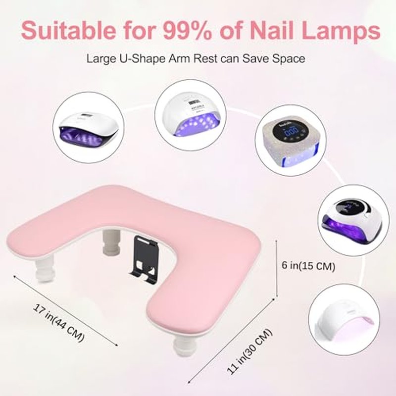 Big Arm Rest for Nails Tech with Rotating Phone Holder: 3nd Generation U-Shaped Manicure Nail Arm Rest Stand Height Adjustable Armrest for Acrylic Nails(Pink)