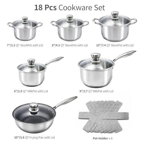 18-Piece Stainless Steel Cookware Set with Nonstick Pots & Pans - Includes Lids & Handles