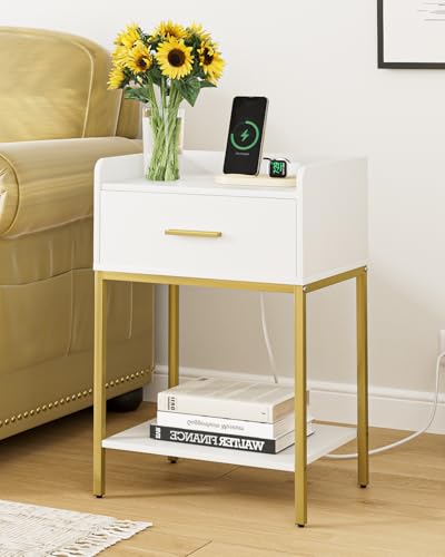 Masupu White Nightstand with Charging Station, 3-Tier Bedside Table with Drawer & Shelf