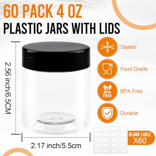 60 Pack 4 Oz Plastic Cosmetic Jars with Lids Labels - Slime & Beauty Storage - Variation of THIS listing
