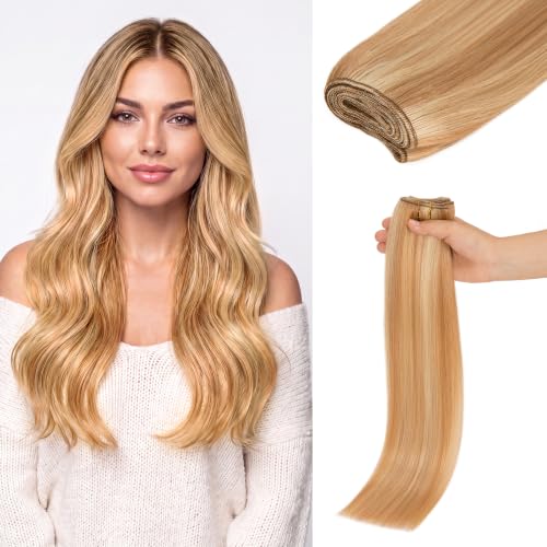 Human Hair Extensions 16 Inch Sew-In Wefts Blonde Brown Mix - Natural Look & Reusable