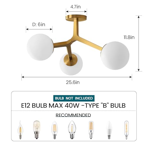 Gold Semi-Flush Mount Ceiling Light Fixture - Modern Sputnik Chandelier with Frosted Glass Shade