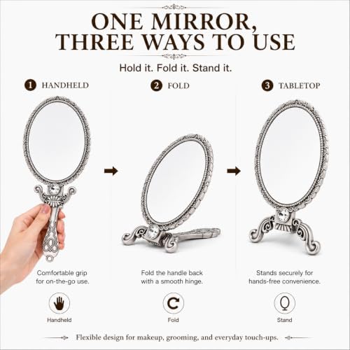 SEHAMANO Vintage Double Sided Handheld Makeup Mirror - Matte Grey (Tin) - Folding Travel & Stand Mirror with Magnification