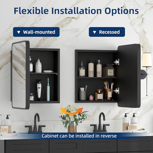 YTSMIR Black 14x18 Inch Bathroom Medicine Cabinet with Mirror – Wall Mount/Recessed Metal Framed Storage