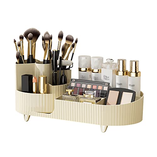 DASITON Large Capacity Makeup Brush Holder,360¡Æ Rotating Makeup Organizer,9 Slot Makeup Brushes Cup,for Vanity Decor,Bathroom Countertops,Desk Storage Container,Cosmetic Display cases(Cream-L)