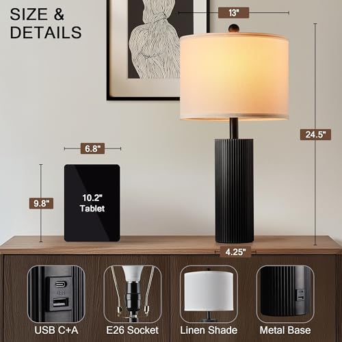 24.5-Inch Black Table Lamps Set of 2 with Touch Control & USB Charging Ports