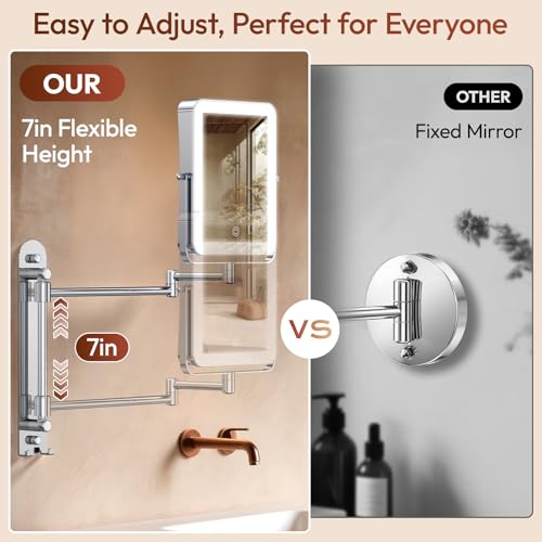 Height Adjustable Wall Mounted Lighted Makeup Mirror with Lights, 10X Magnifying Mirror for Bathroom, 7in Slide Rail and 360¡Æ Extended Arm, Rechargeable Wall Mirror with Dual Hooks for Hotel