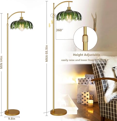Dimmable Green Glass Floor Lamp with Remote - Mid Century Modern Brass Tall Arc Lamp, 02-Floor Lamp
