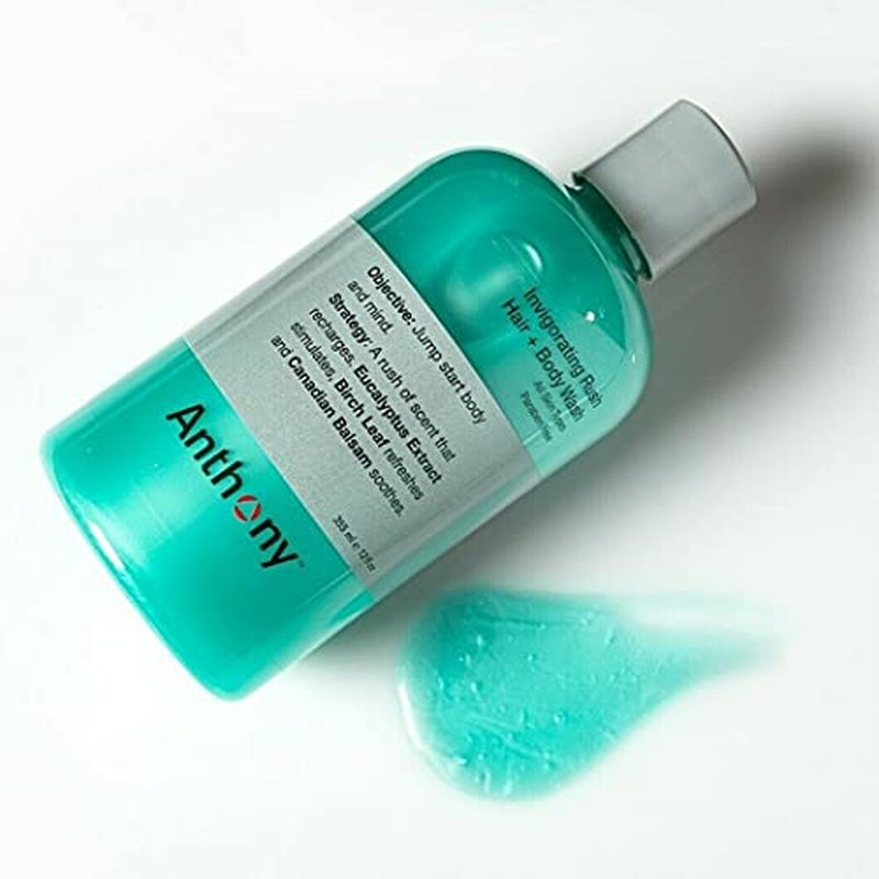 Anthony Mens Body Wash and Shampoo: Invigorating Rush 2-In-1 Liquid Gel Soap & Hair Shampoo, Pine Wood Scent, Hydrating with Eucalyptus, Canadian Balsam, Birch Leaf, Charcoal, Sea Kelp, 12 Fl. Oz