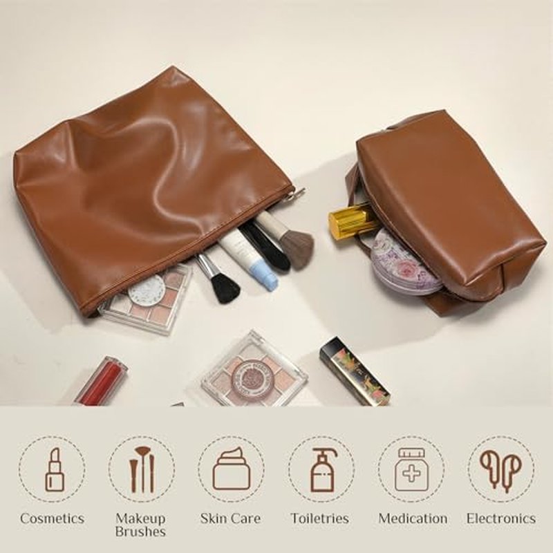 Kigeli 2 Pcs PU Leather Makeup Bag Set for Women Aesthetic Cosmetic Bag Small Toiletry Travel Pouch for Purse Emergency Skincare Organizer Valentine Gifts for Bridesmaid Birthday(Brown)