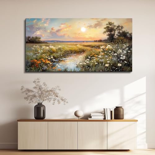 Vintage Farmhouse Wildflower Wall Art Canvas - 48 Inch Rural Scenery
