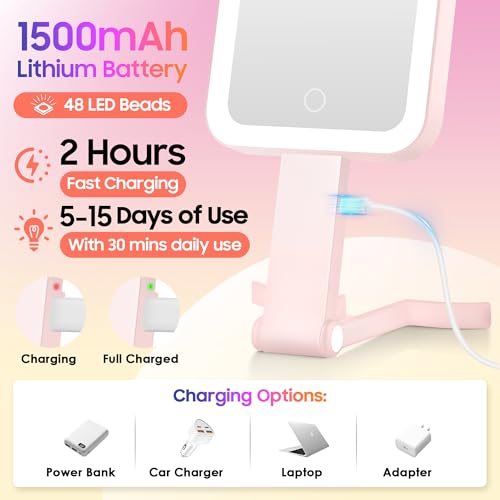 GOMIPURU Rosy 30X/1X Magnifying Travel Mirror with Light - Foldable USB USB-C Powered, 3 Color Brightness, Portable Handheld & Desktop