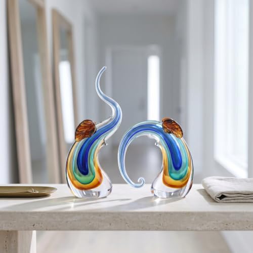 Murano Glass Elephant Statues Set - Hand Blown Blue Art Sculpture for Home & Office Decor