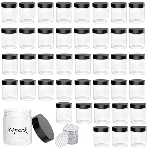 ihomecooker 84PCS 4oz/125ml Small Plastic Jars with Screw On Black Lids Seal Stickers Bottle Lid,Clear Container for Storing Dry Food,Spice,Lotion, Cosmetic, Slime, Honey Jam, Cream, Butter