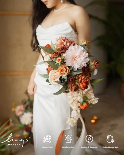 Ling's Moment Small 13-Inch Cascading Terracotta Wedding Bouquet for Bride - Or-chic Variant
