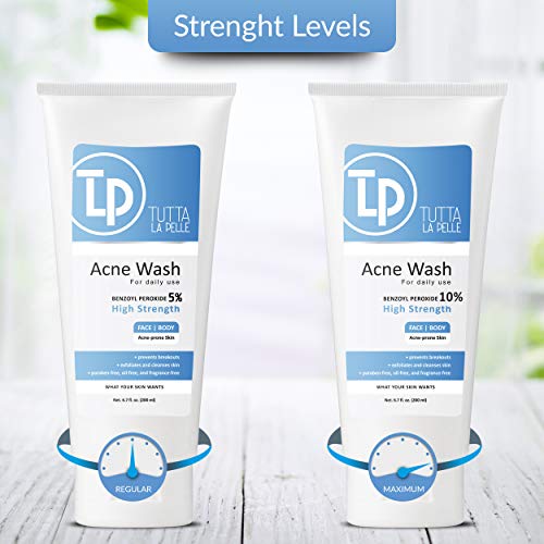 Tutta La Pelle Benzoyl Peroxide 10% Body Wash - Maximum Strength Acne Cleanser 6.7 oz